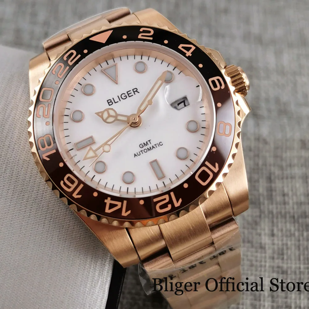 BLIGER Rose Gold Automatic Men Wristwatch Sapphire Glass Rotating Bezel GMT Hand White Dial Deployment Clasp | Наручные часы