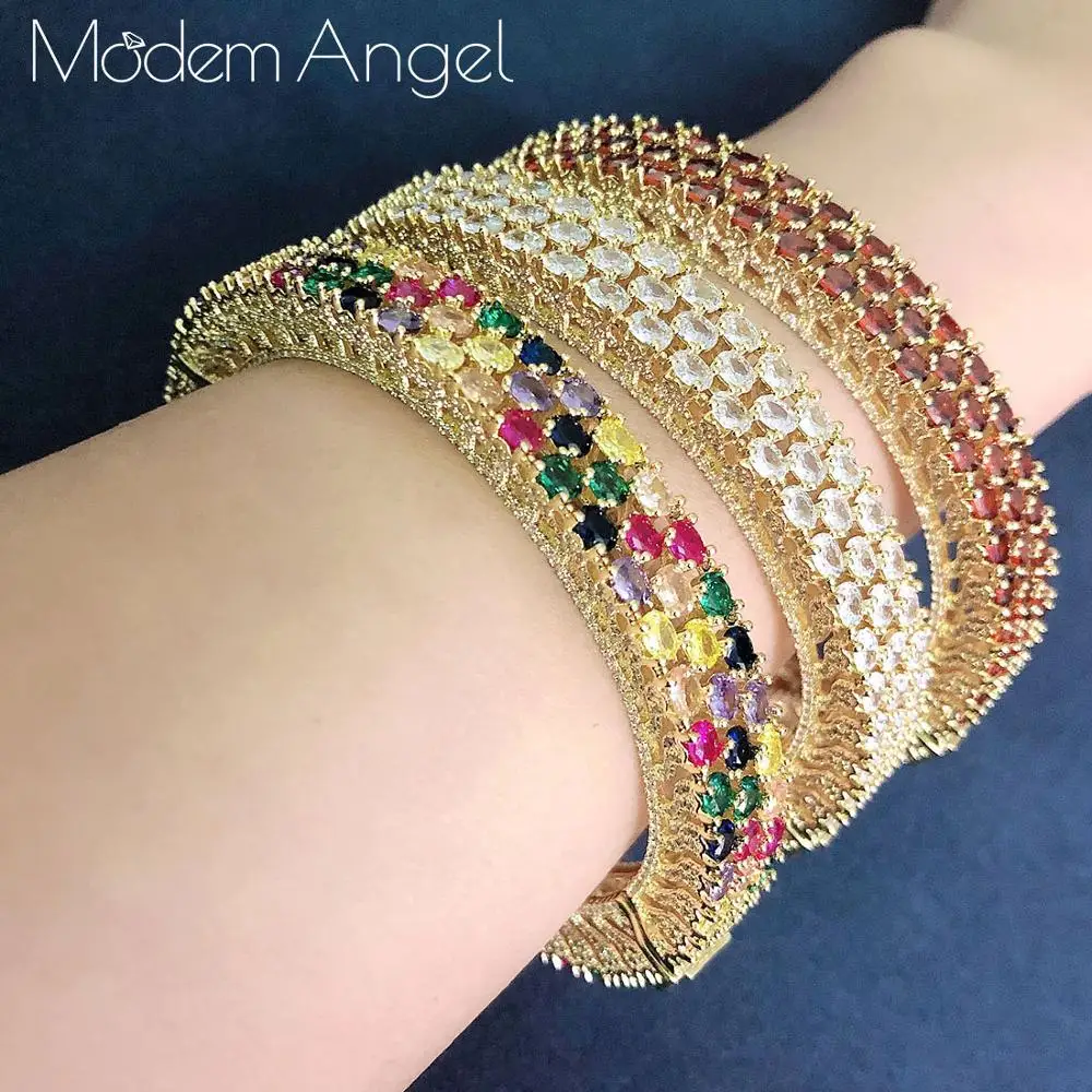 ModemAngel Luxury Trendy Saudi Arabia Bangle Ring Jewelry Set For Women Wedding Cubic Zircon Crystal CZ aretes de mujer modernos