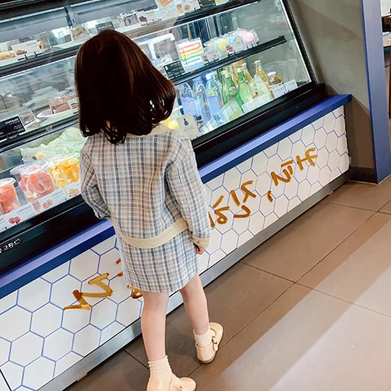 

Kids Toddler Girl Clothes Sets 2020 Spring Baby Plaid Lapel British Style Coat Above-Knee Skirt 2Pcs Outfits Children Clothing