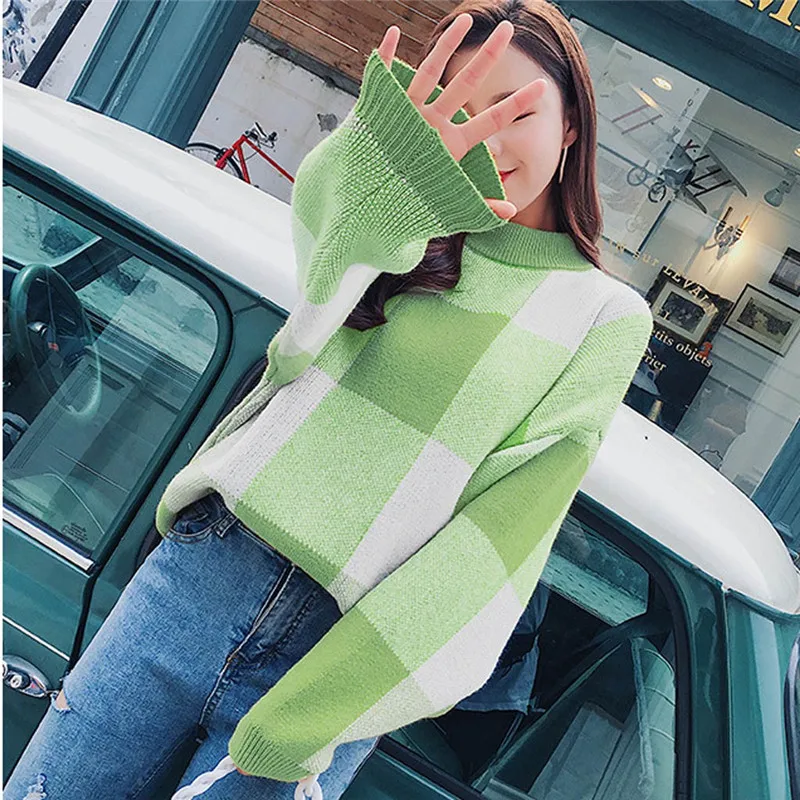 Winter Black white Lattice Sweater 2019 Women New Fall Classic O-Neck Tops Womens Leisure Jumper Knitted Pullovers #40 | Женская одежда