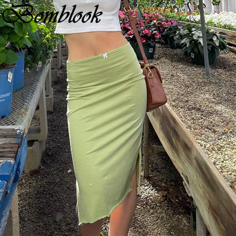 

Bomblook Sexy Party Club Skirts Women's Summer 2021 Solid Slim Stretch Slit Skirts Female Sweet Casual Fashion Streetwears