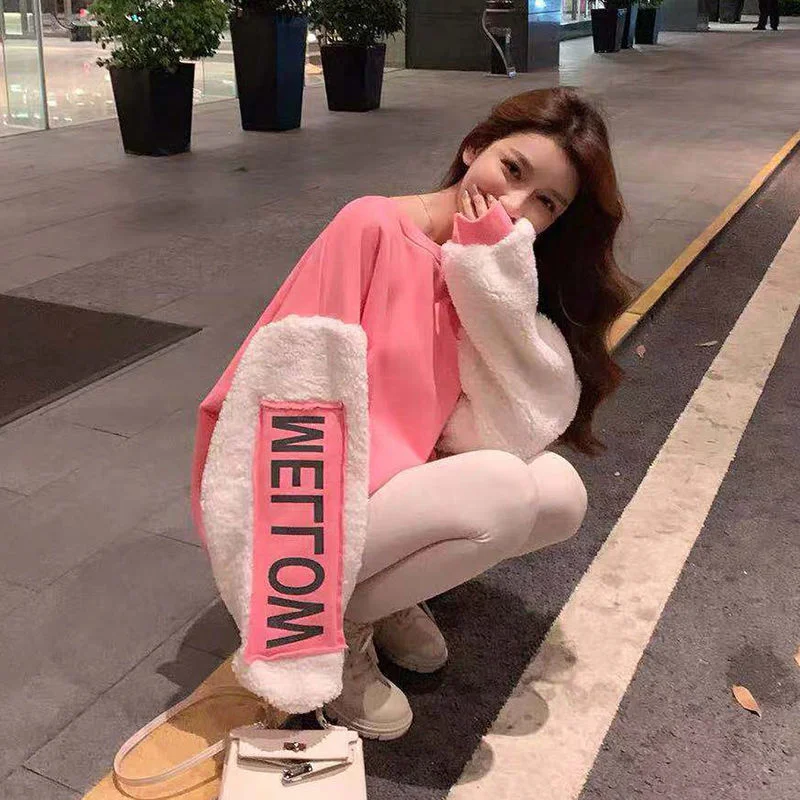 

Pink Winter Hoodie Sweatshirt Girl Women Loose Punk Hip Hop Tops Cute Funny Oversize Korean High Street Gothic Harajuku Hoodies