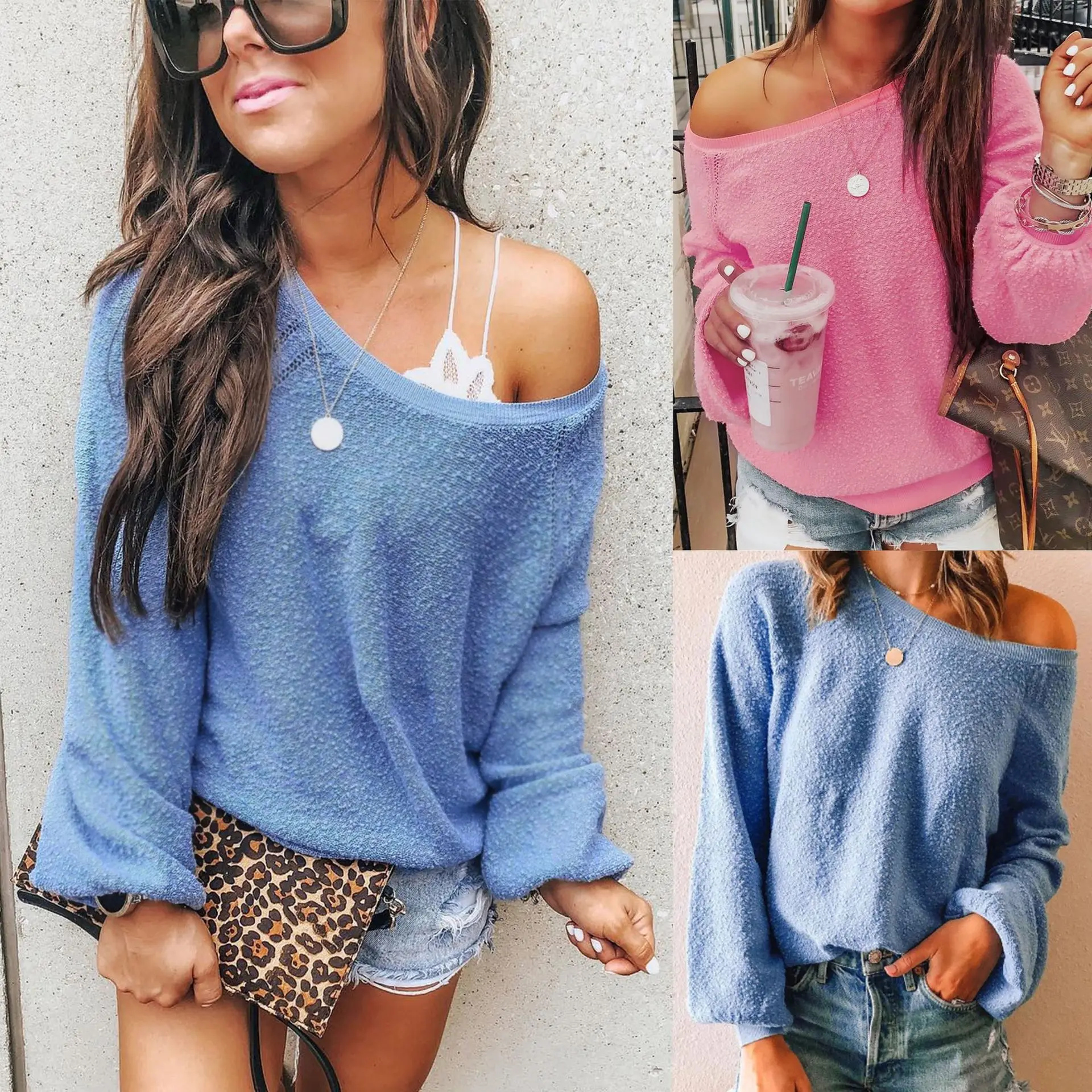 Модные синие и розовые длинные топы рубашка с длинным рукавом женская футболка