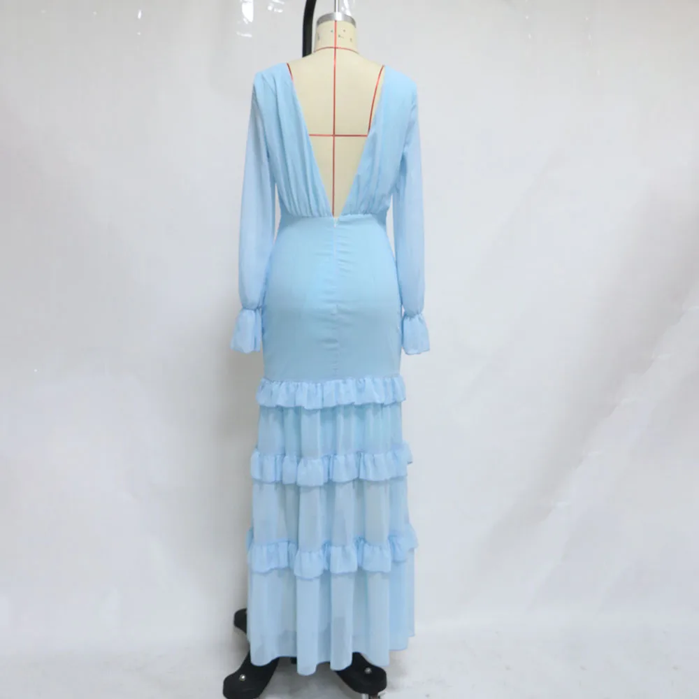 

Europe America 2021 New Women's Dress High Waist Solid Color Blue Chiffon V-neck Sexy Long Sleeve Backless Temperament Elegant
