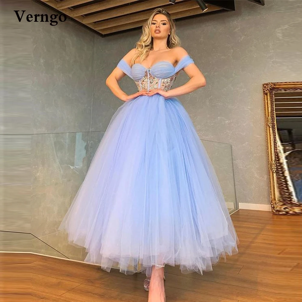 Verngo A Line Light Blue Tulle Prom Dresses Off Shoulder Lace Corset Ankle Length Evening Party Gowns Elegant Graduation Dress