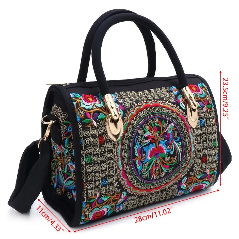 

Women Floral Embroidered Handbag Ethnic Boho Canvas Shopping Tote Zipper Bag