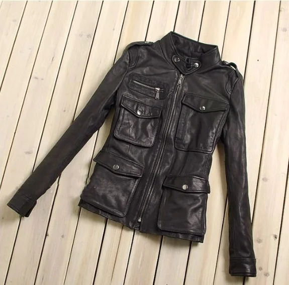 Factory Genuine Leather Jacket For Women 100% Real Seepskin Black Soft Slim Multiple Pockets Women's Leather Spring Autumn Coat