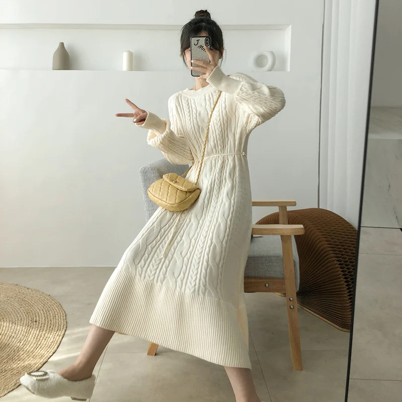 

Real shot 2021 autumn and winter new mid-length over-the-knee twist sweater skirt with a base knitted dress