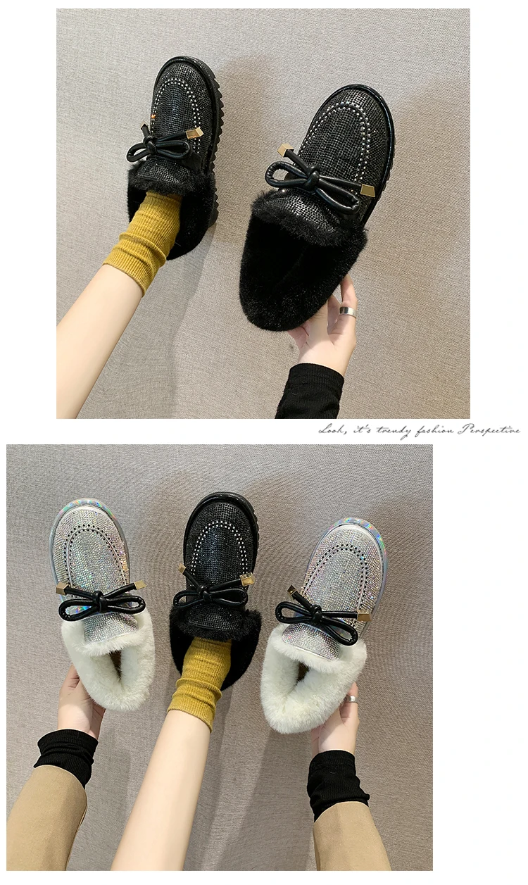 Shiny Glitter Snow Boots Women Fashion Warm Plush Ankle Boots Woman Non Slip Botas Mujer Butterfly-knot Decoration
