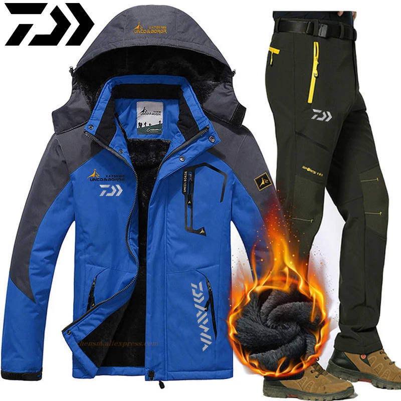 

2020 Men Daiwa Fishing Suit Winter Thermal Warm Jacket Pants Set Windproof Waterproof Fleece Outdoor Skiing Suits Snow Coat