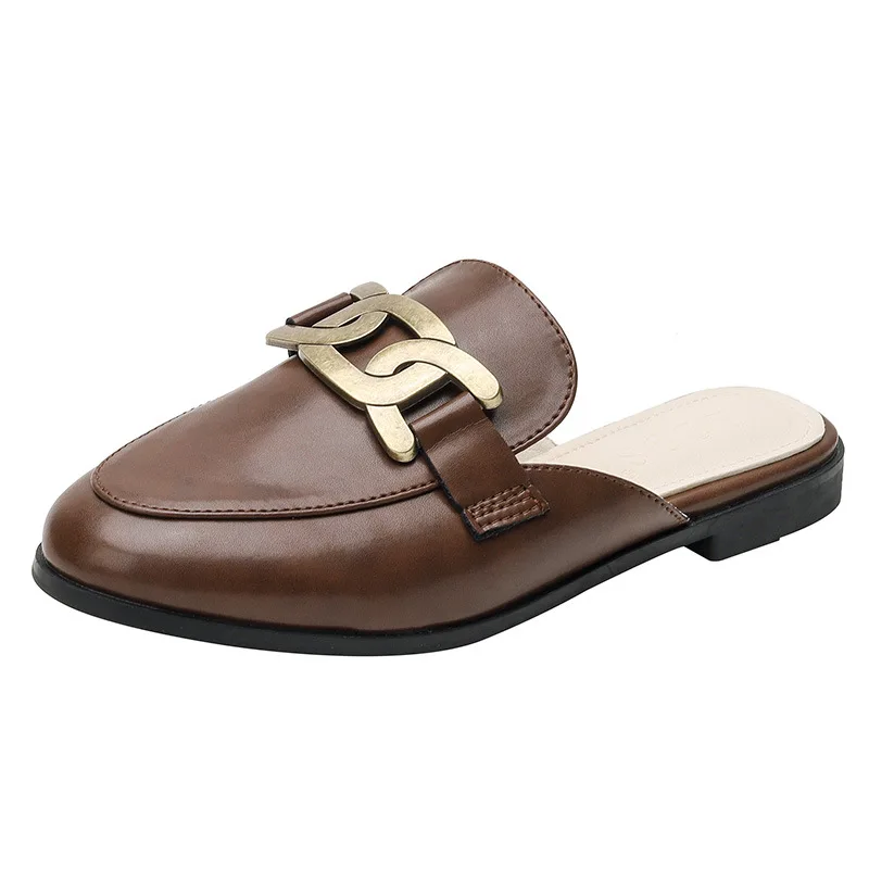 

Slippers Women Summer Med Flat Shoes Female Low Cover Toe Rivet Luxury Slides Loafers Pantofle Designer 2021 PU Fashion Rubber H