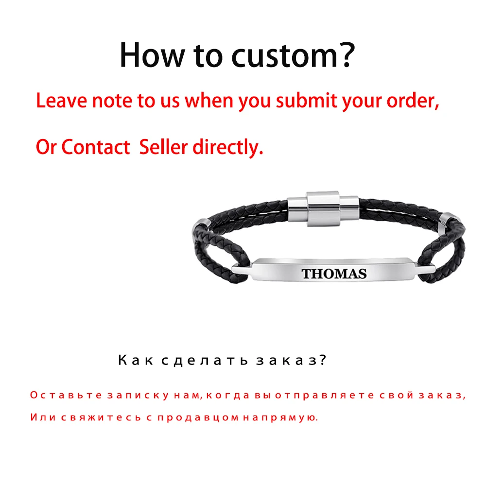 

Personalized Stainless Steel Charm Bracelets Genuine Leather Braided Rope Men Bracelet Custom With Names Words Male Man Jewelry