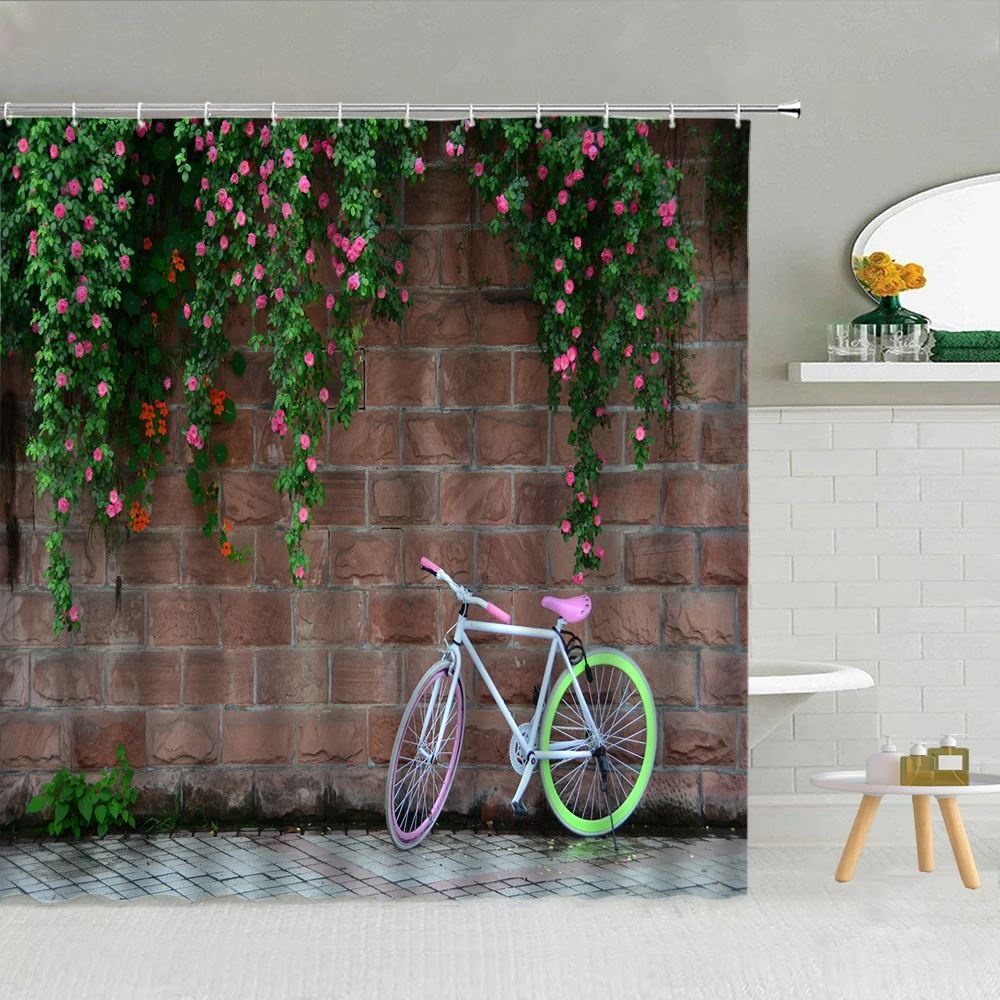 

3D Rose Flower Green Plants Stone Wall Landscape Shower Curtain Polyester Fabric High Quality With Hook Bath Screen 3D Printing