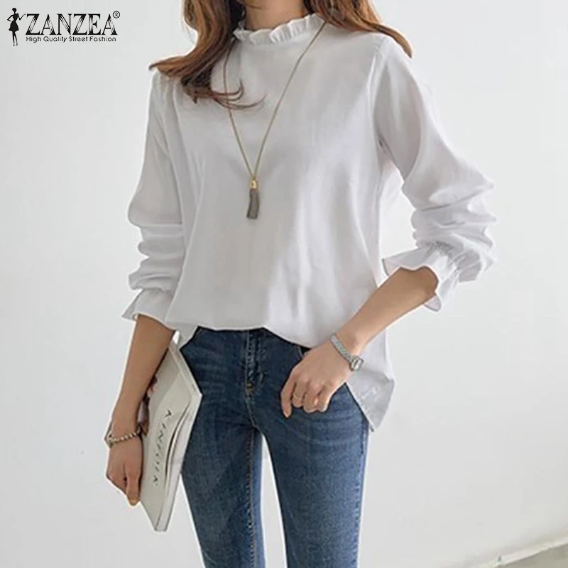 

ZANZEA Women Long Flare Sleeve Tops Fashion Cotton Solid Tops O Neck Ruffle Elastic Cuff Spring Blouse Office Shirts Oversized