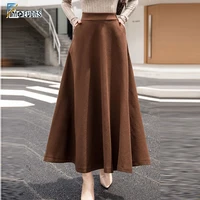 a line winter skirts women hot warm design elegant lady office long skirt plaid printed elastic high waist skirts woolen s09