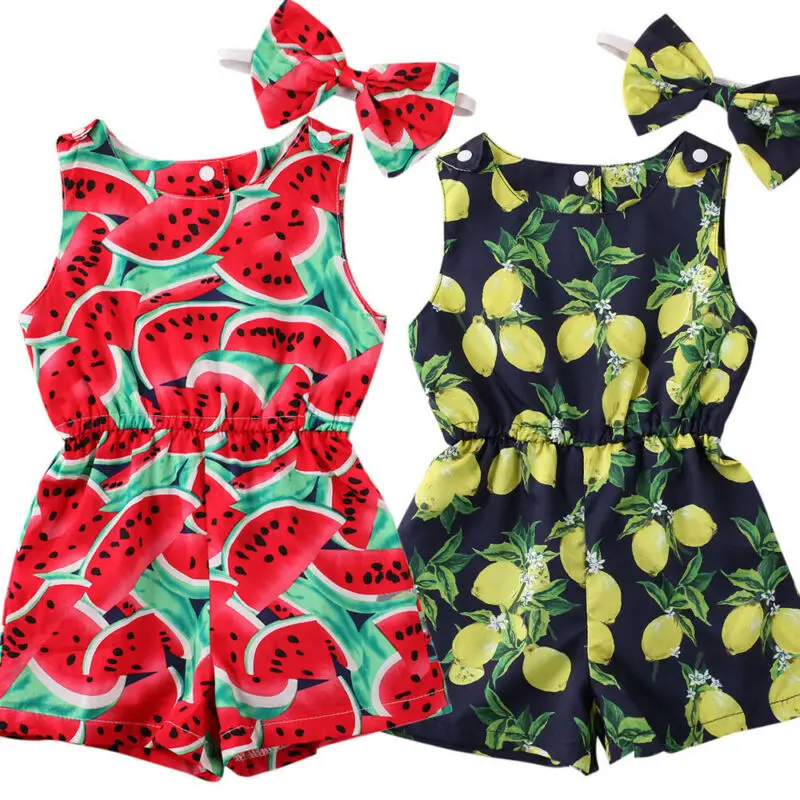 

Newborn Baby Girl 2pcs Summer Romper Clothes Fruit Print Sleeveless Jumpsuits Headband Outfits Set