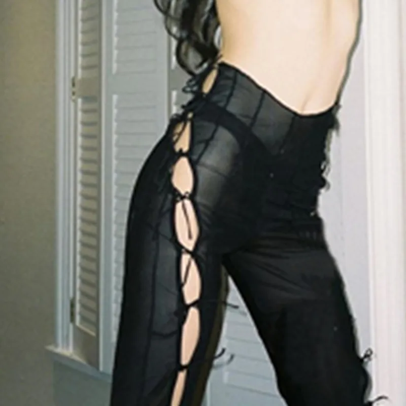 

2021 High Waist Flare Pants Women Sexy Mesh Hollow Side Bandage Summer Trend Soft Stretchy Streetwear Striped Trousers