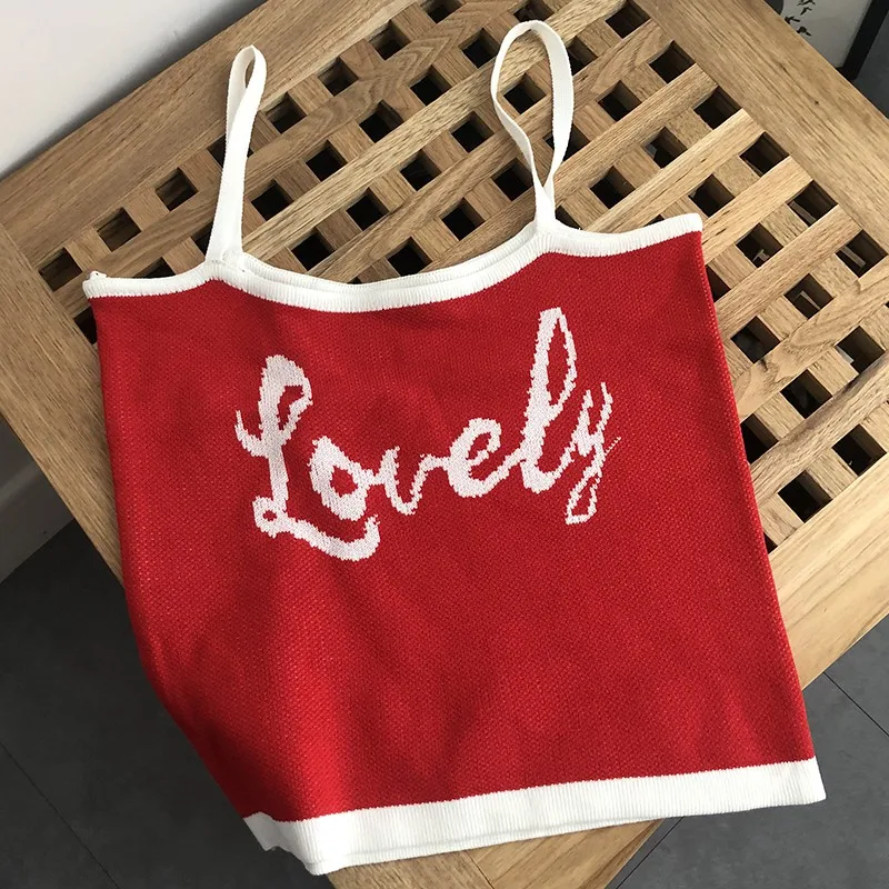 

Сексуальный Вязаный топ на бретельках с надписью; летняя пляжная одежда; Модный жилет с вышивкой; Базовая майка без рукавов