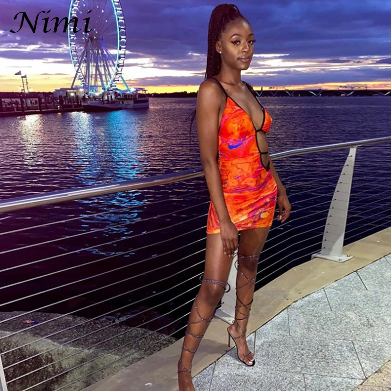 

NiMi V-neck Sexy Hollow Out Bag Hip Print Strap Dress Women Summer Vestido De la Correa Backless Off Shoulder Green Orange Halte