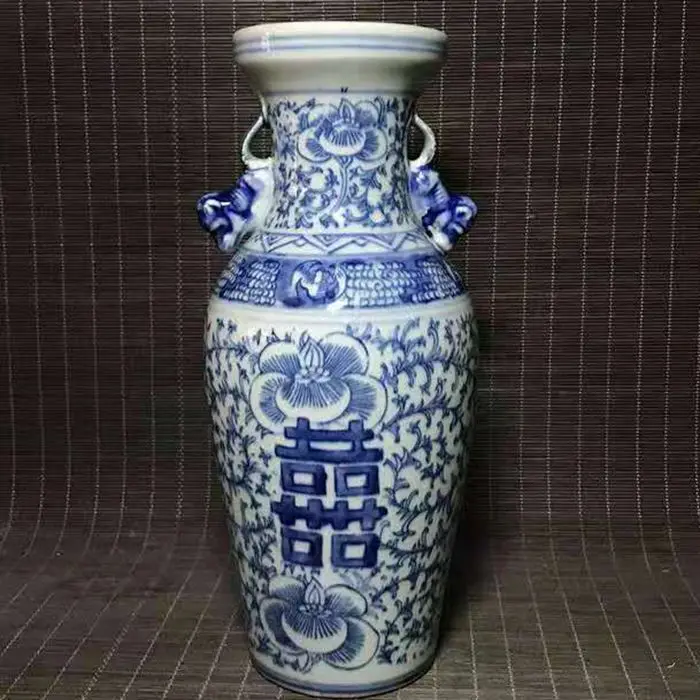 

Old China Blue and white porcelain Hand Painted Double happiness double ear vase