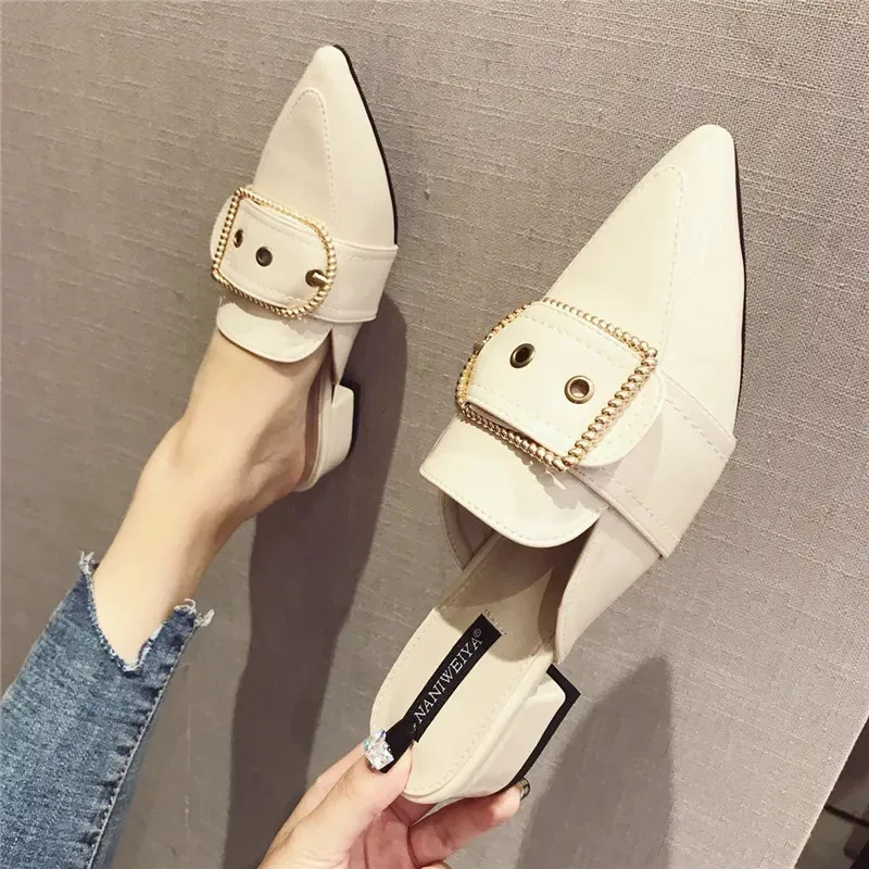 

Patent Leather Pointed Toe Buckle Metal Decoration Mules Fashion Slip On Low-Heeled Shoes British Style Summer Sexy Light Slides