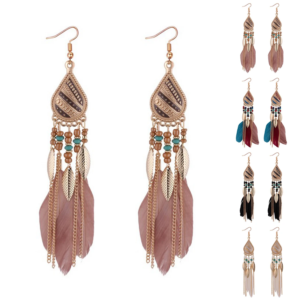 Яркие винтажные богемные серьги в форме капли воды с перьями сказочные индийские