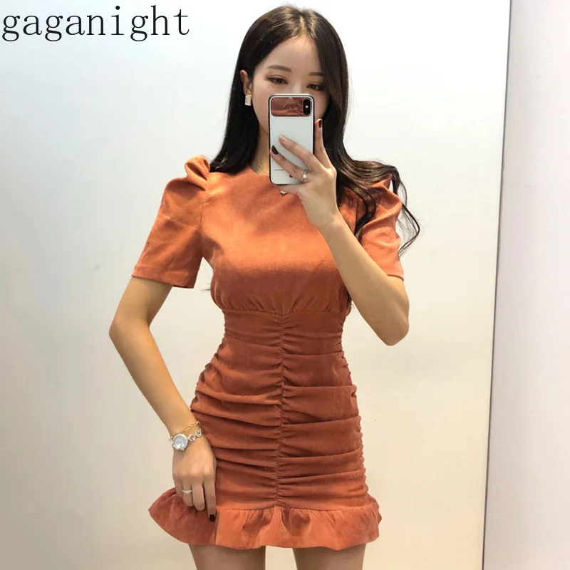 Gaganight Corduroy Solid Fashion Women Mini Short Dress Ruched Slim Bodycon Ruffles Dresses Female Chic Party Vestidos 2021 New | Женская