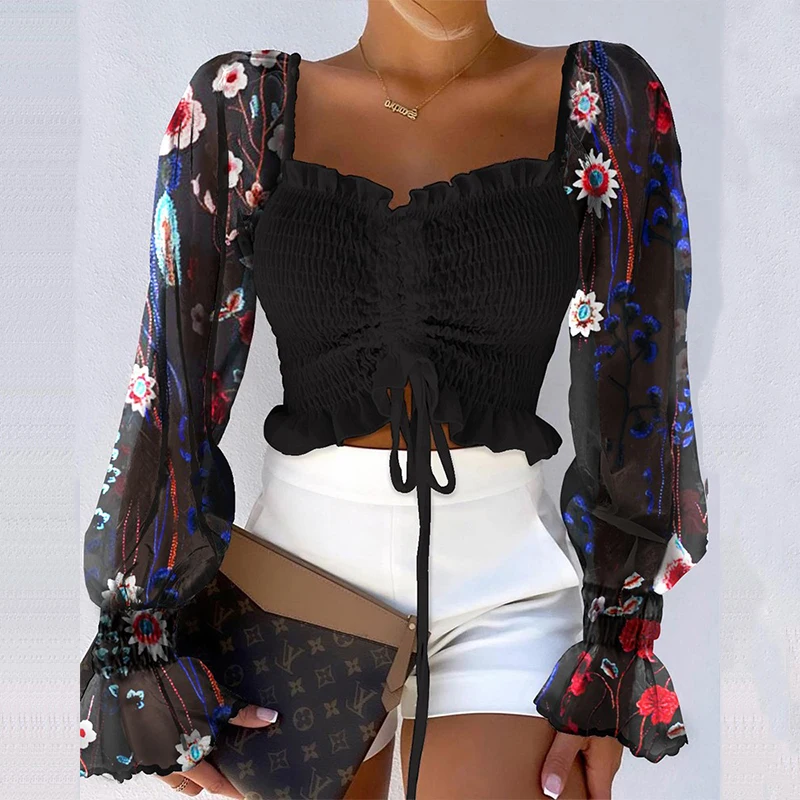 

Элегантная женская блузка с оборками, Модный женский сетчатый плиссированный пуловер с кулиской, топы, повседневные кружевные рубашки с дл...