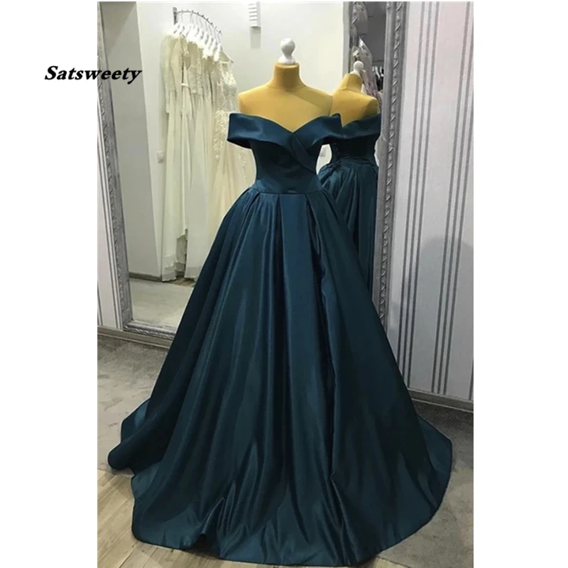 

Elegant Saudi Arab Prom Dresses A Line Off the Shoulder Blue-Green Prom Gown Vintage Dubai Dresses