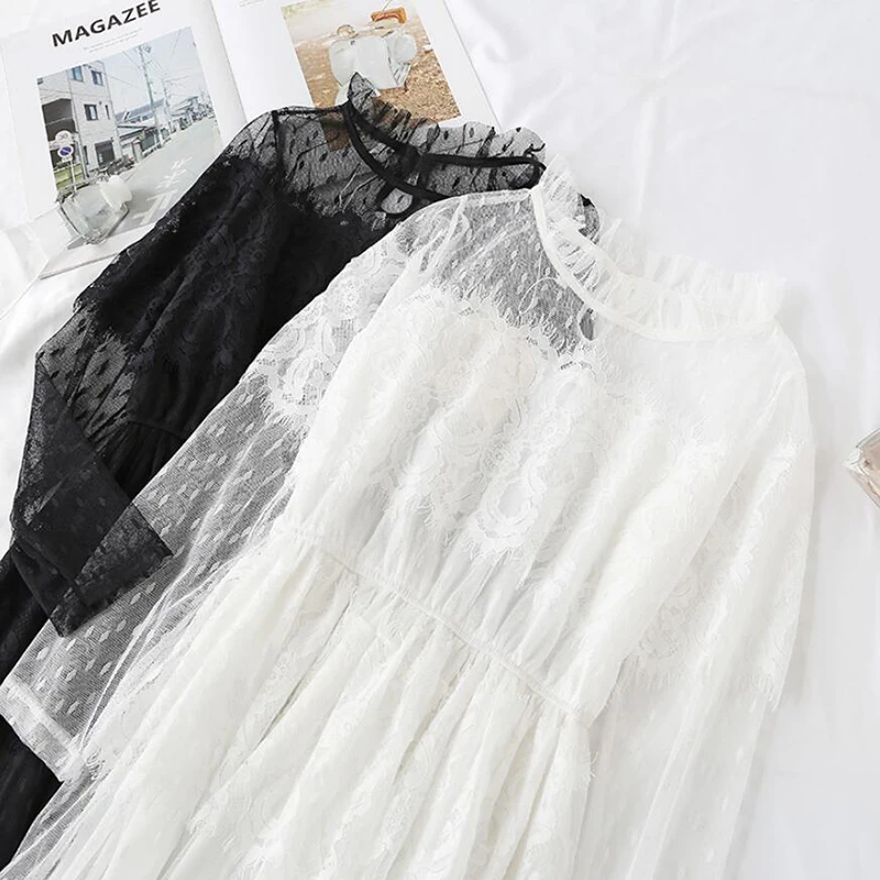 Женское кружевное платье средней длины черно-белое элегантное праздвечерние