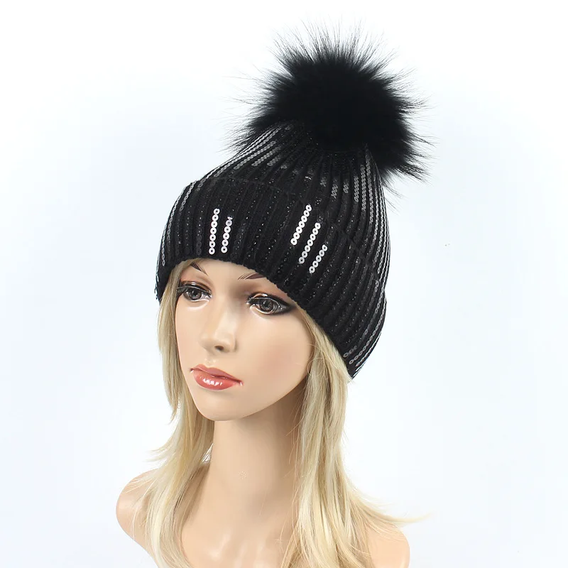 Женская шапка новая окрашенная шерсть енота Бальные блестки вязаная женская