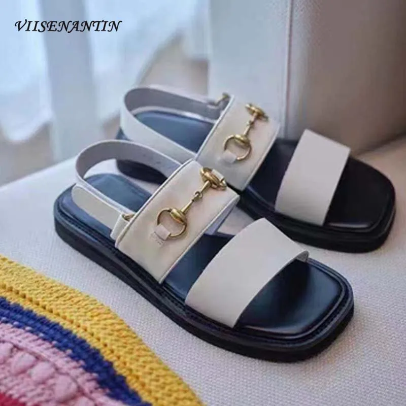 

Round Toe Low-top Cross Strap Leather Flat Sandals Open Toe Metal Buckle Decorated with Velcro Flat Heel Roman Shoes