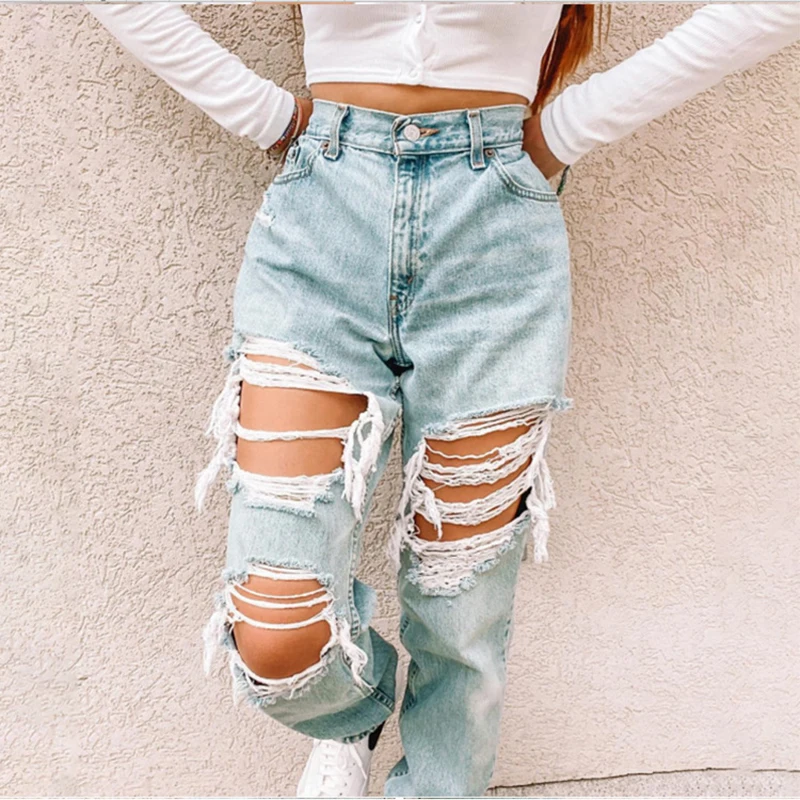 

New trend Women's ripped fashion casual denim pants women jeans jumpsuits trousers for female