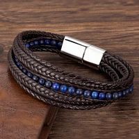 bracelet mens beads natural stone stainless steel leather magnetic clasp bangles vintage male charm jewelry handmade punk gift
