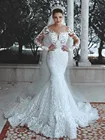 Роскошное кружевное свадебное платье-русалка, иллюзионный лиф, платье для невесты с длинным рукавом, Прозрачное платье с вырезом и аппликацией, 2022