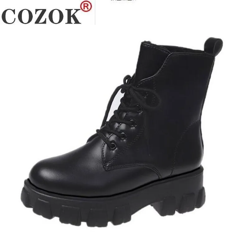 

2021 New Women Boots Winter Fashion Boots Thicken Non-slip Lace Up PU Leather Boots Warm Women Ankle Boots Botas Mujer Boots