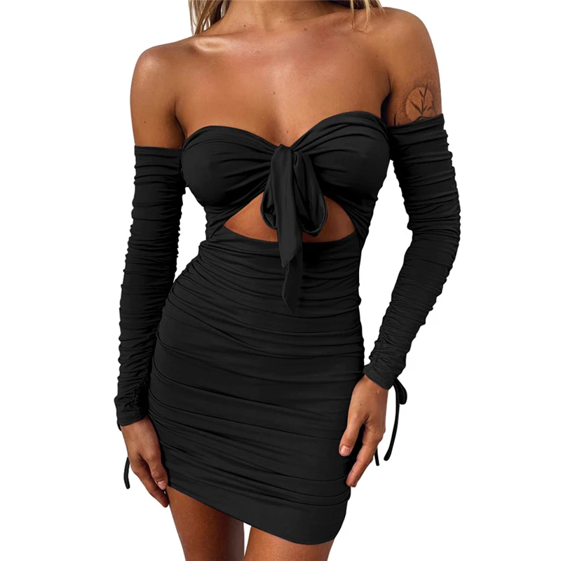 

Adogirl Fluorescent Solid Ruched Bandage Dress Front Tie Hollow Out Strapless Off Shoulder Long Sleeve Autumn Mini Bodycon Dress