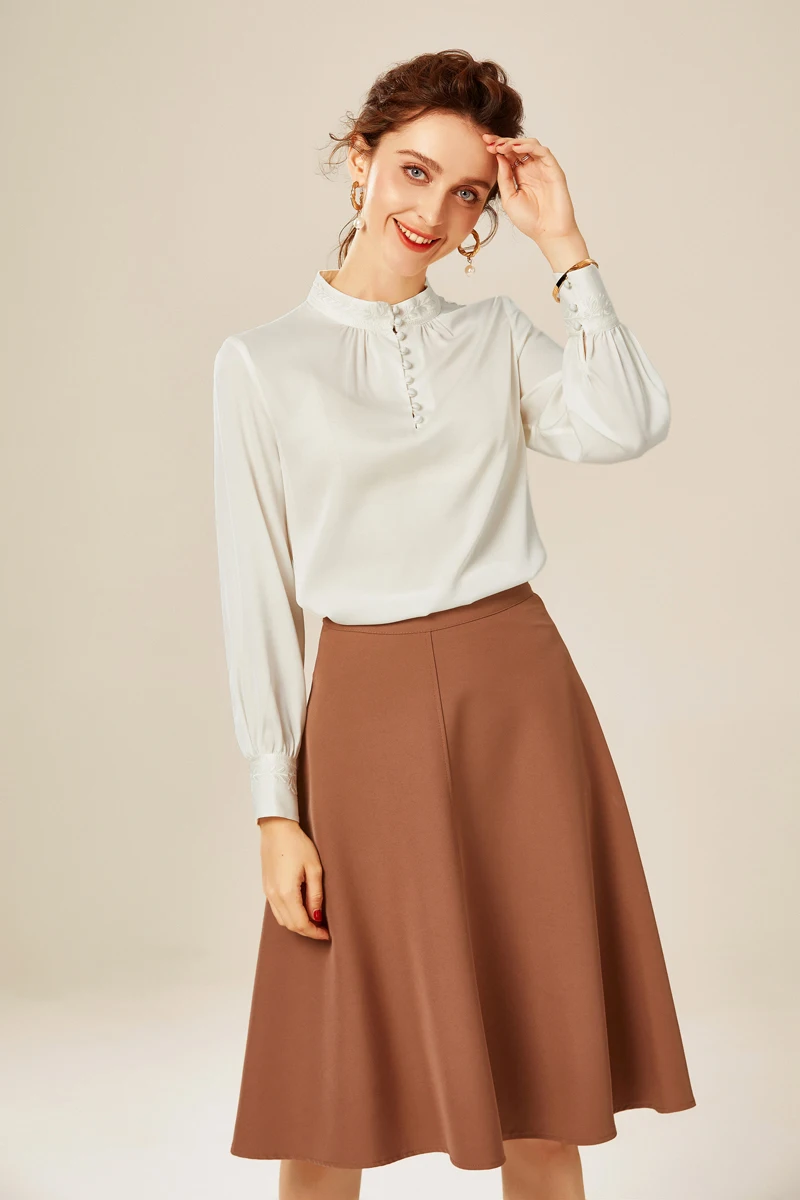 

95% Silk 5% Spandex Women's Shirt Stand Collar Long Sleeves Embroidery Fashion Elegant Pullover Blouse Tops