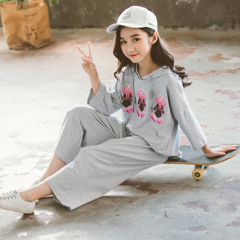 Осенний костюм с капюшоном широкие штаны для девочек 2019 корейские повседневные