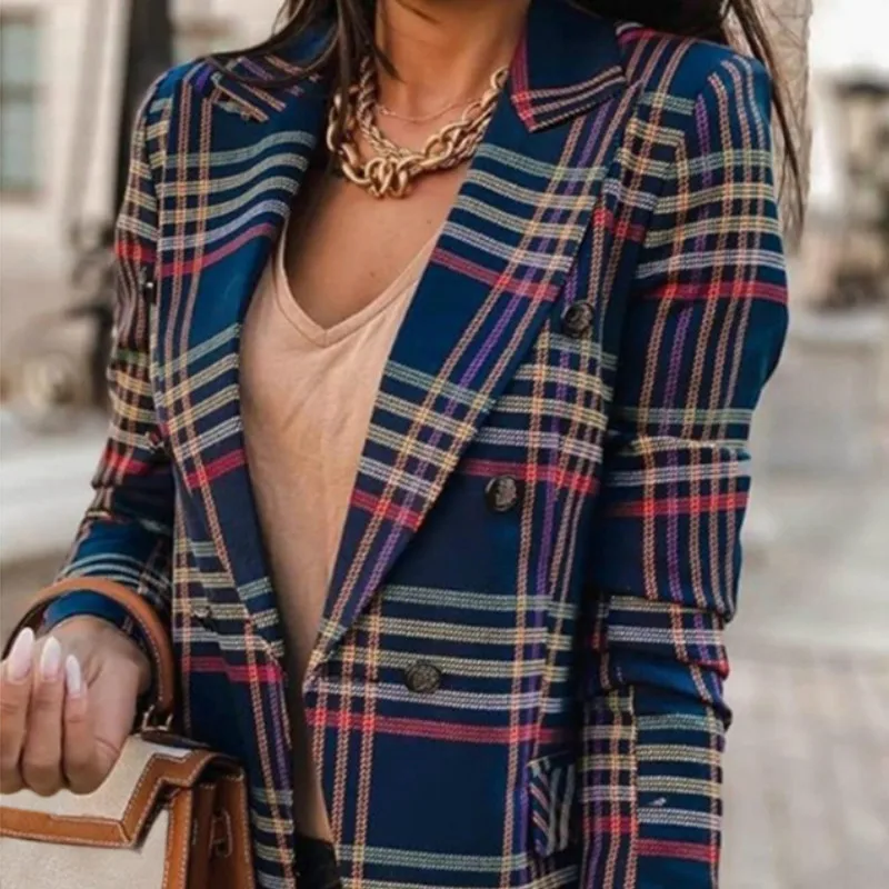 

Suit jacket spring and Autumn New Navy Blue Plaid elegant long sleeve double button non positioning printing suit jacket