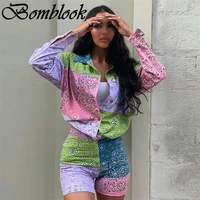 bomblook casual fashion womens suit summer 2021 patchwork long sleeve button shirts low waist shorts sets femme streetwears