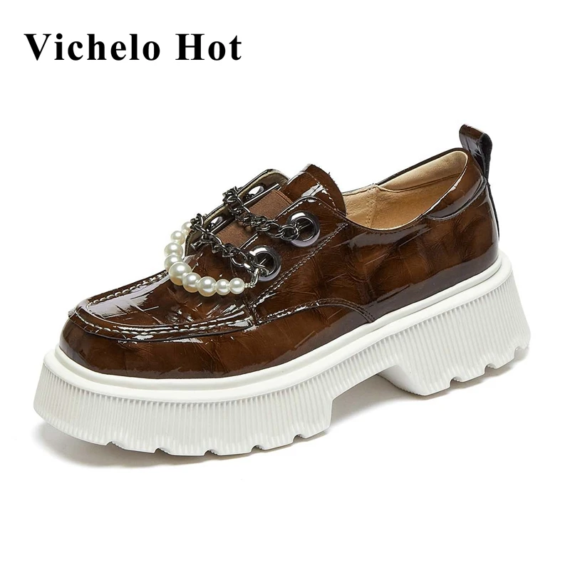 

Vichelo Hot new popular style full grain leather beading pearl chains square toe thick high heel slip on coolest women pumps L31