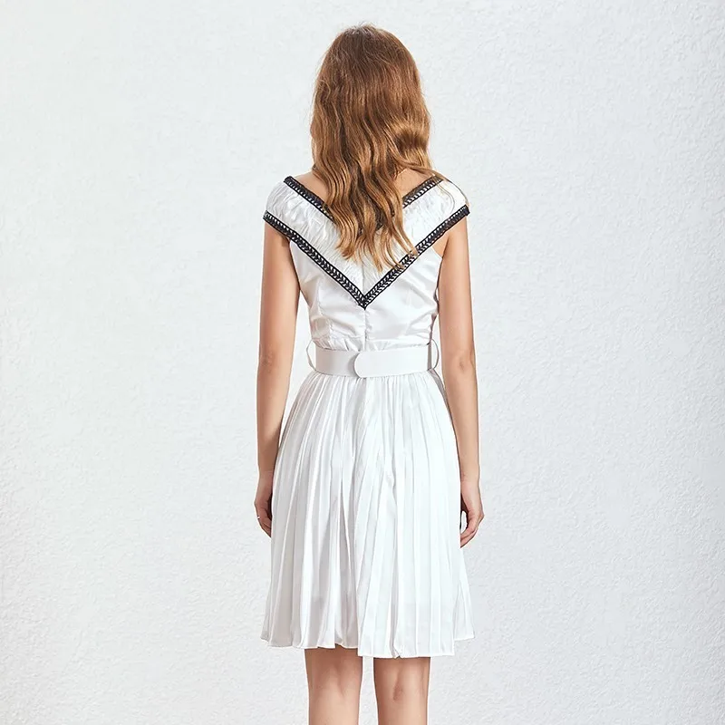 

VGH Elegant Hollow Out Dress For Women Halter Short Sleeve High Waist With Sashes Mini Dresses Female Fashion Clothing Summer