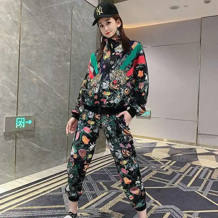 

European Station 2021 Autumn New Online Influencer Pop Ins Fashion Casual Set Printed Two-Piece Suit College Fashion