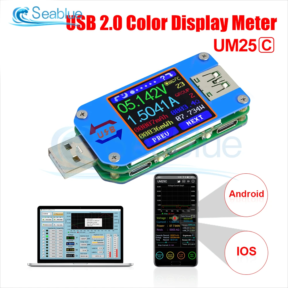 

UM25 UM25C USB 2.0 Type-C LCD Color Display Voltmeter Ammeter Battery Charge Voltage Current Resistance Meter Usb Tester