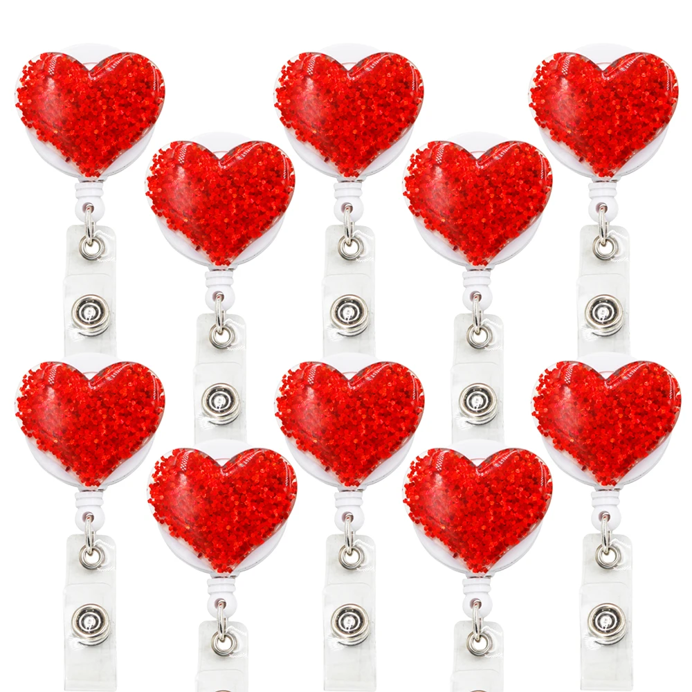 

10 Pcs Bling Love Heart Retractable Badge Holder Clips for Nurse ID Badge Reel with Alligator Clip for Nurse Student Office