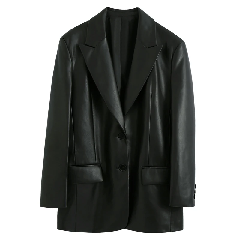 Пиджак RR из искусственной кожи Женский модный Свободный пиджак с отложным