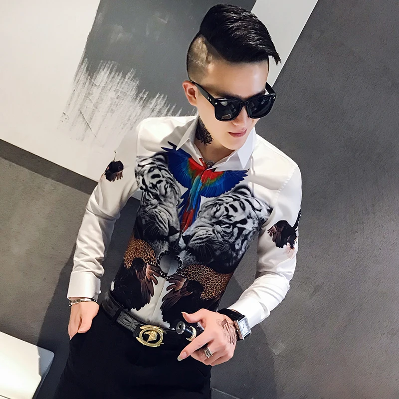 Дизайнерские мужские рубашки с 3D принтом, с длинным рукавом, Camisa Masculina, Повседневная приталенная Мужская рубашка для работы в ночном клубе, уличная рубашка - Цвет: white