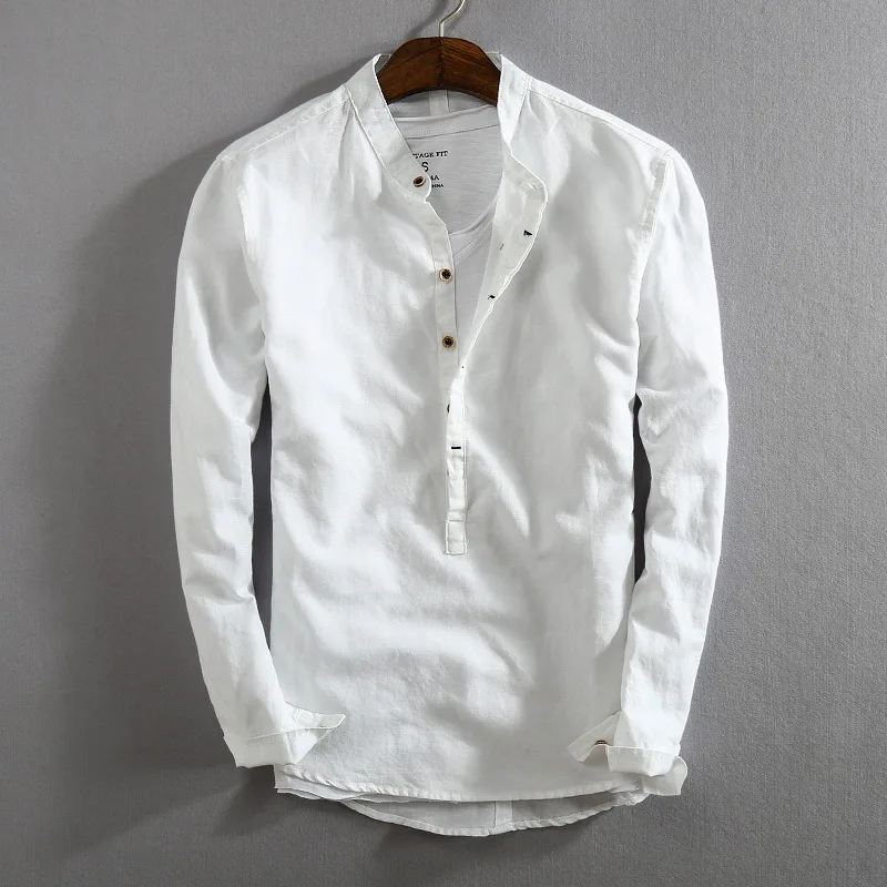 

men's vintage 2021 linen shirts stand collar long sleeve pullovers summer shirts men spring baggy buttons holiday tops male