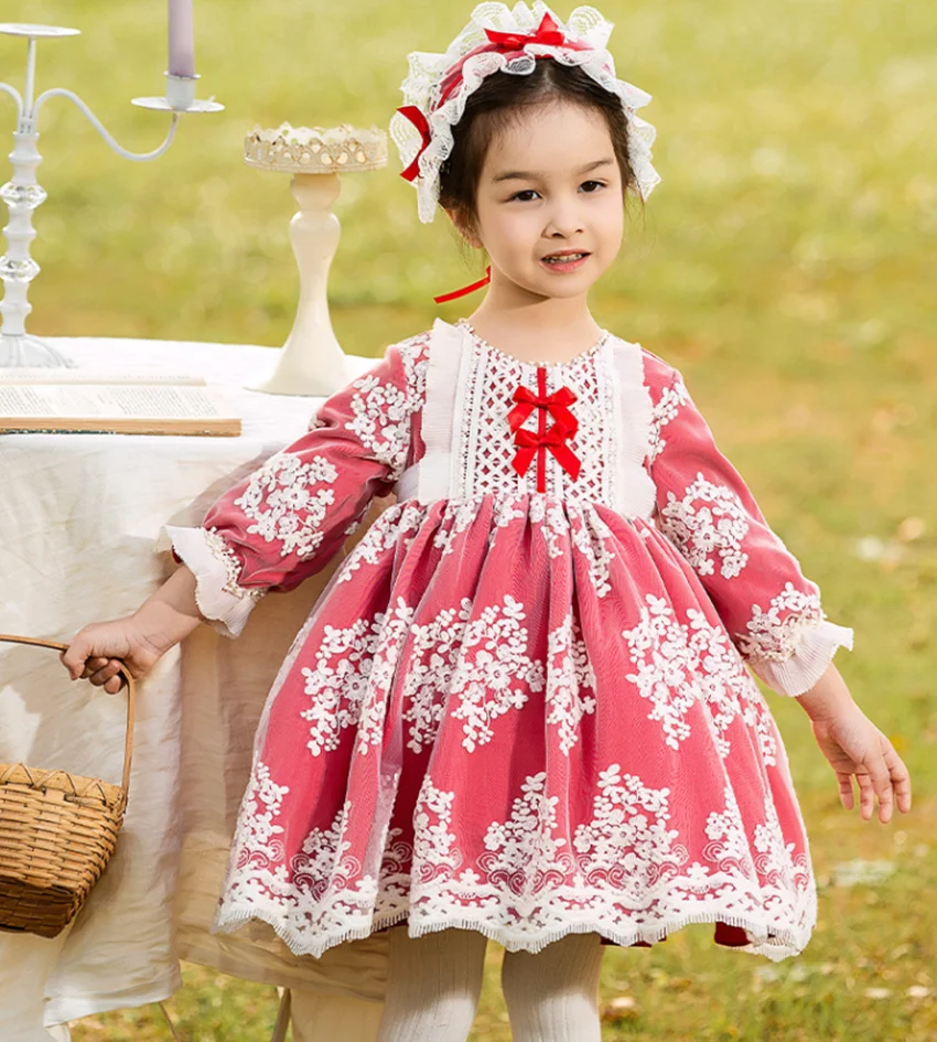 

Kids Spanish Lolita Ball Gowns Long Sleeve Dresses Girls Children Lace Boutique Embroidery Baptism Frock